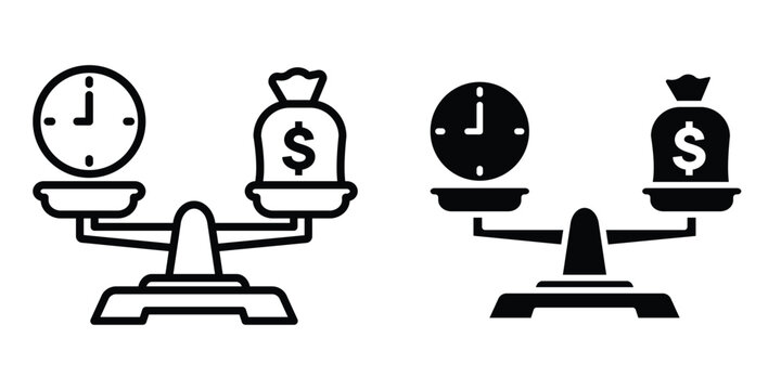 Time and money scale icon set in outlined drawings with flat version.