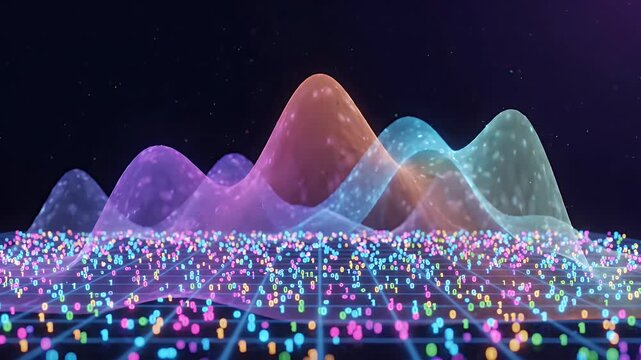Abstract Data Visualization of Nonparametric Estimation - A vibrant 3D representation of nonparametric density estimation, showing colorful smooth curves above a grid filled with binary data.