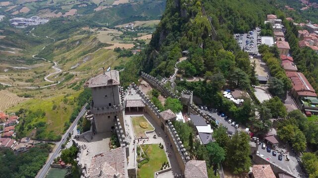 Aerial birds eye view of Guaita Tower, San Marino City