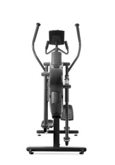 Naklejka premium Modern black elliptical trainer for home gym fitness workout, cardio exercise equipment isolated on white background, this workout machine supports physical activity and a healthy lifestyle