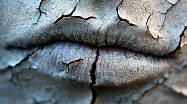 Extreme Close Up of Severely Chapped and Cracked Lips Showing Dry, Peeling Skin Texture Due to Wind Exposure