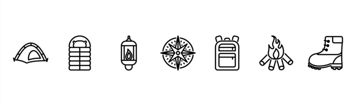 Camping Gear set featuring Tent, Sleeping Bag, Lantern, Compass, Backpack, Campfire, Hiking Boots for outdoor adventure visuals.
