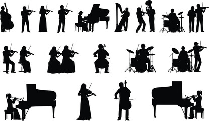 Large collection of black silhouettes featuring orchestral musicians playing various instruments like piano violin and drums isolated on white background for musical design projects. © MdAbdur