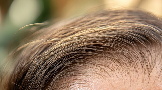 Close-up of a bald patch on human scalp, showcasing hair loss with sharp focus and natural sunlight