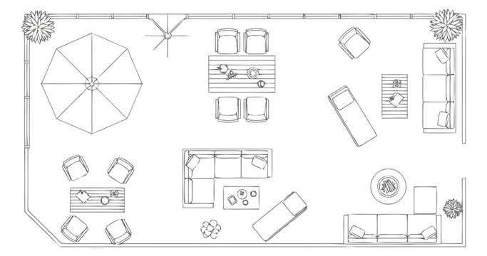 Detailed Top Down Exterior Furniture Layout Plan for a Spacious Outdoor Living Area Featuring Lounge Seating Dining Sets Umbrellas and Fire Pits for Landscape Design and Property Planning