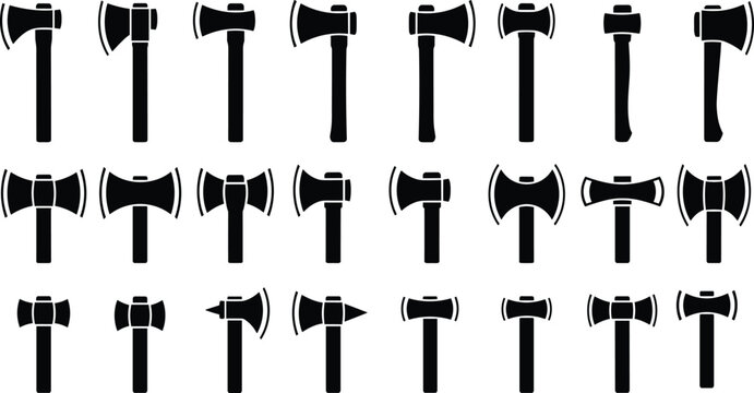Large collection of black axe silhouettes vector set featuring medieval battle weapons and lumberjack hatchets isolated on white background for carpentry and war design.