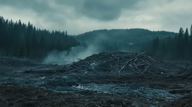 Devastated Forest Landscape Showing Piles of Logs and Smoke Amidst Gloomy Overcast Sky, Highlighting Deforestation Effects