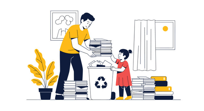 Environmentally conscious man and a young girl work together to place stacks of old books into a recycling bin to promote sustainability.