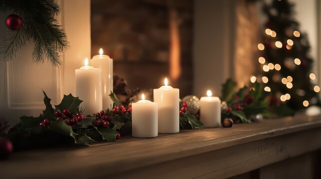 Glowing Christmas candles softly illuminate a festive holiday mantel with a cozy and serene ambiance, creating a warm and inviting atmosphere.