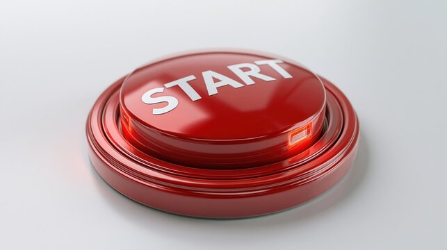 Red glossy START button stands out prominently on a clean white surface, symbolizing initiation and readiness.