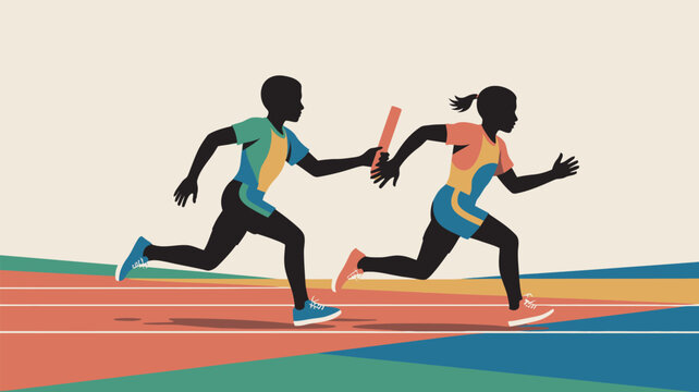 Athletes Passing Baton on Track During Relay Race, Stylized Silhouette