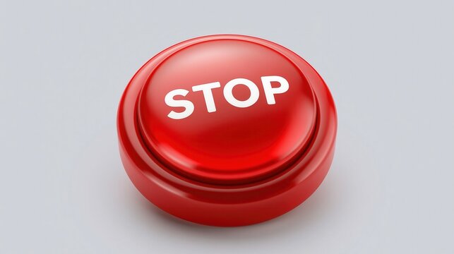 Shiny red emergency stop button with the word "STOP" is depicted on a neutral background, indicating an abrupt halt.