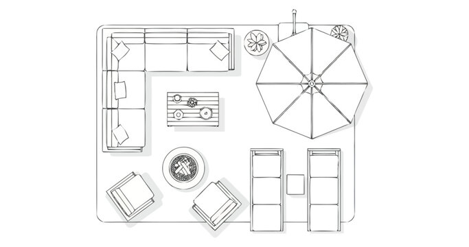Overhead outline drawing of an outdoor seating area featuring a sectional sofa coffee table chairs and lounge chaises beneath a large parasol perfect for designing patios and garden spaces with