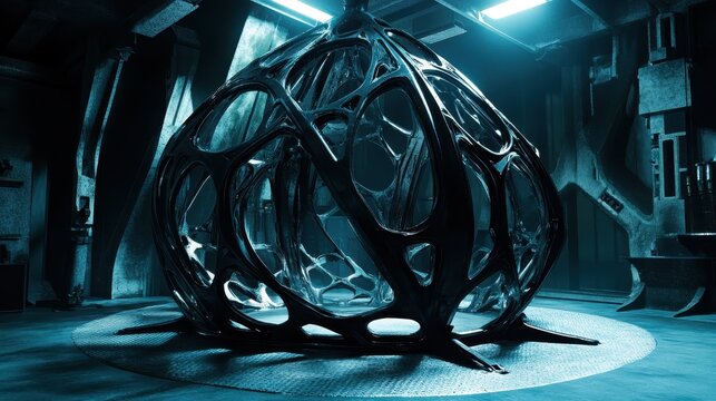 Intricate abstract metallic sculpture with organic, futuristic design in dramatic blue lighting