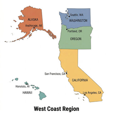 West Coast United States Map &mdash; Color Minimal Vector Illustration with State and City Labels