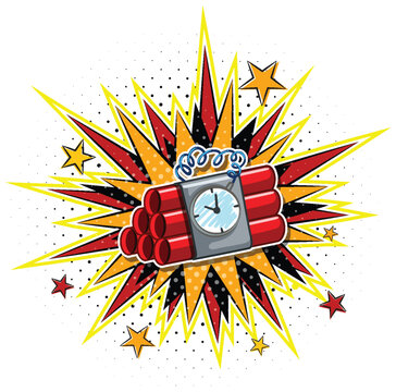 Comic Style Dynamite Time Bomb with Explosion Background and Stars
