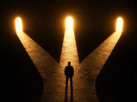 Silhouette Person Facing Three Glowing Archway Paths in Darkness