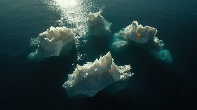 Floating plastic bags drift in polluted ocean waters, illuminated from above with an aerial perspective