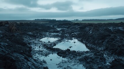 Fototapeta premium Muddy, Contaminated Rural Field Under Overcast Sky, Reflecting Environmental Degradation and Hazardous Spills