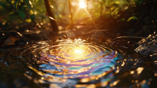 Oil slick creates vibrant rainbow reflections on rippling water surface in sunlight