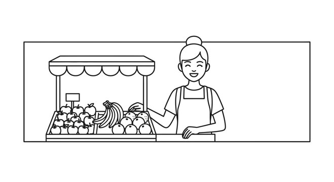 Smiling Woman Selling Fresh Fruits at Outdoor Market Stall