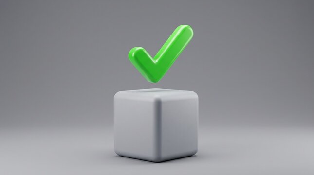 Green checkmark, 3D cube, confirmation symbol, validation icon
