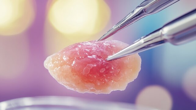 Precise medical tweezers holding a delicate biological tissue sample for laboratory examination