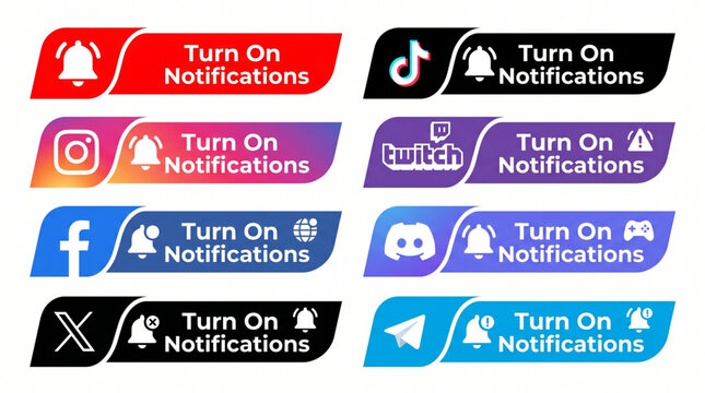 Social media turn on notifications bar collection for TikTok, Instagram, Twitch, Facebook, Discord, Twitter X, and Telegram. Notification bell icons, lower thirds, call to action button overlay.