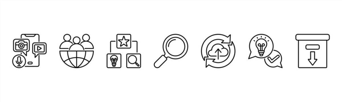 Knowledge Base Management icon set includes Content Creation, Organization, Categorization, Search, Update, Feedback, and Archiving for centralized knowledge management.