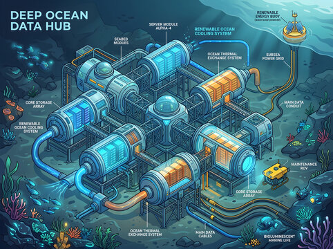 Isometric illustration of an underwater data center and server farm powered by ocean thermal energy