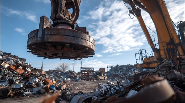 Large Industrial Magnet Crane Working at Metal Recycling Scrap Yard.
