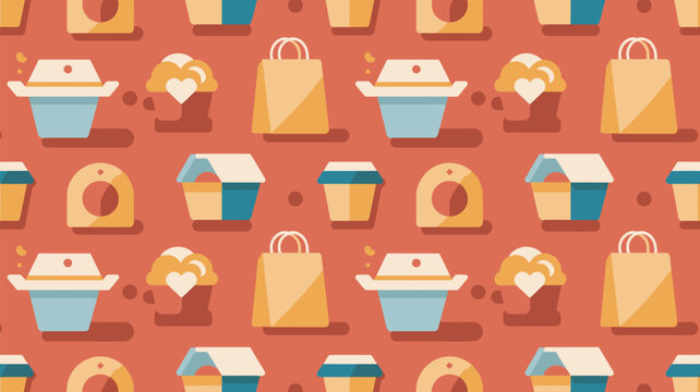 Colorful shopping bags pattern on vibrant red background vector seamless texture