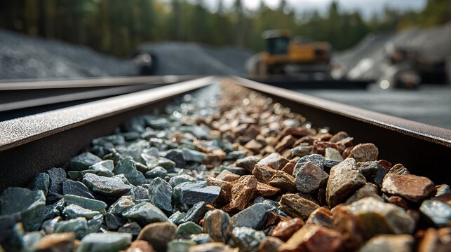 Close up of railroad tracks with ballast gravel in a construction quarry setting.