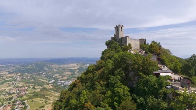 Low aerial drone view approaching Falesia Second Tower, San Marino