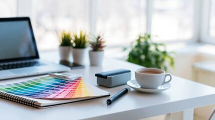 Fototapeta premium Creative workspace setup with laptop color palette coffee indoor plants modern home office aesthetic design
