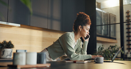 Woman, phone call and remote work with laptop, conversation and communication. Freelancer, employee...