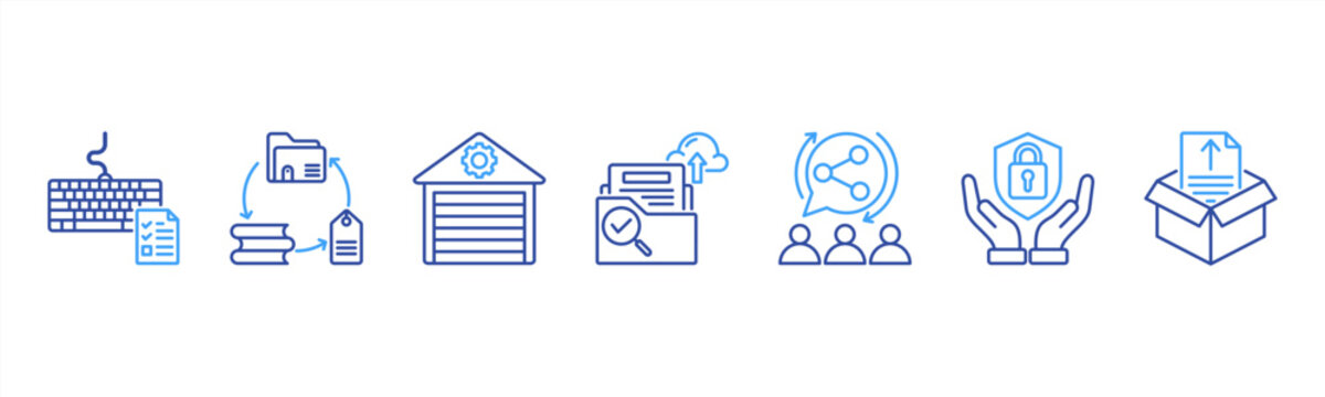 Information Management icon set includes Data Entry, Categorization, Storage, Retrieval, Sharing, Security, and Archiving for information management.