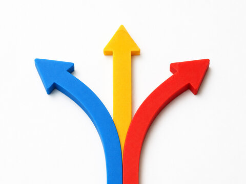 Three Colorful Diverging Arrows on White Background Symbolizing Choices