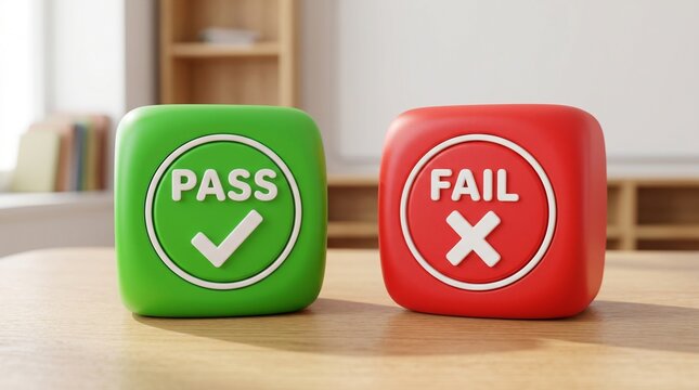 Green PASS and red FAIL cubes, decision blocks, evaluation symbols, assessment icons, wooden table