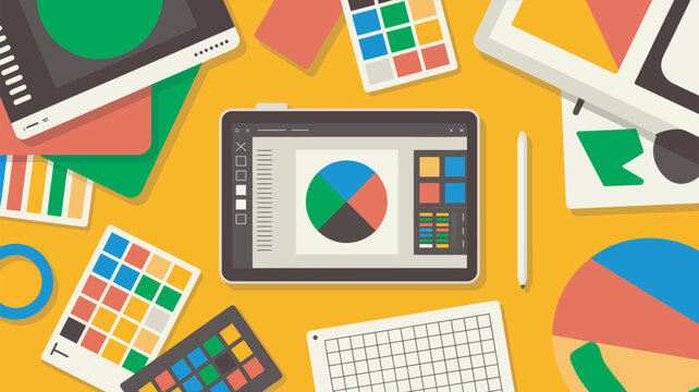 Top view creative workspace with tablet displaying colorful pie chart on vibrant geometric desk layout