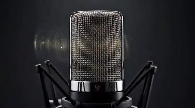 Close-up of a professional studio condenser microphone with a shock mount, poised for high-quality audio recording, broadcasting, and vocal performance in a dark, atmospheric setting