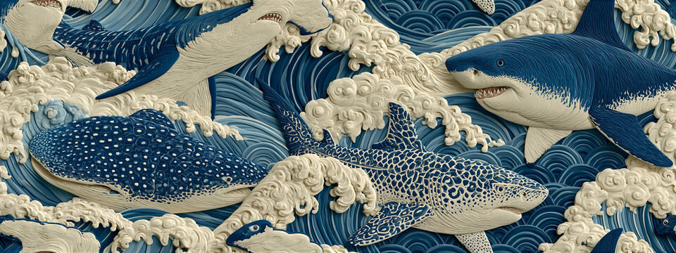 2.5D Shark Collection Seamless Pattern