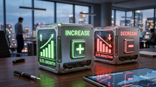 Business growth, finance, and statistics, 3D cubes with increase and decrease buttons, office background