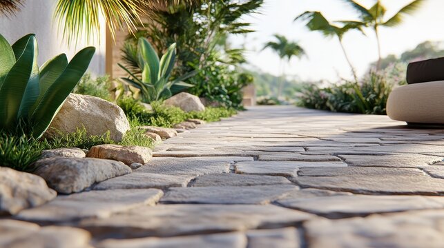 Stone pathway winding through a lush green garden with dappled sunlight and inviting ambiance, perfect for outdoor inspiration.