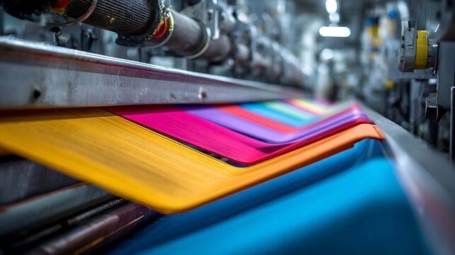Industrial textile fabric printing process on a modern factory production line.