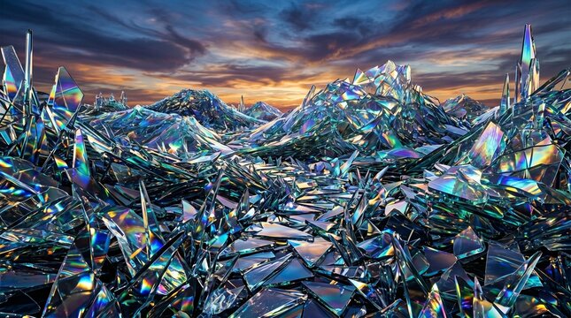 Crystal Landscape: A surreal and enchanting landscape dominated by shimmering, multifaceted crystals resembling mountains and valleys, under a dramatic sunset sky.
