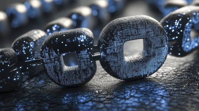 Secure Digital Blockchain Network with Metallic Interlocking Links and Blue Illumination