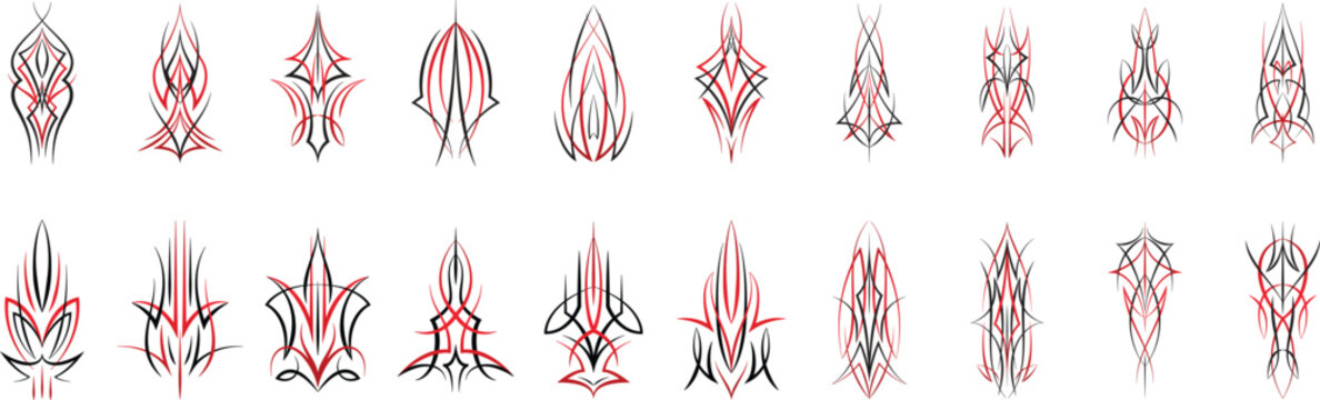 Vintage red and black pinstriping illustration isolated on white background.Collection of classic hot rod pinstripe vector art and automotive vinyl decals.