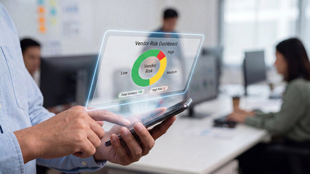 Vendor risk management dashboard for enterprise procurement compliance displaying supplier risk levels categorized by high medium and low severity for corporate governance