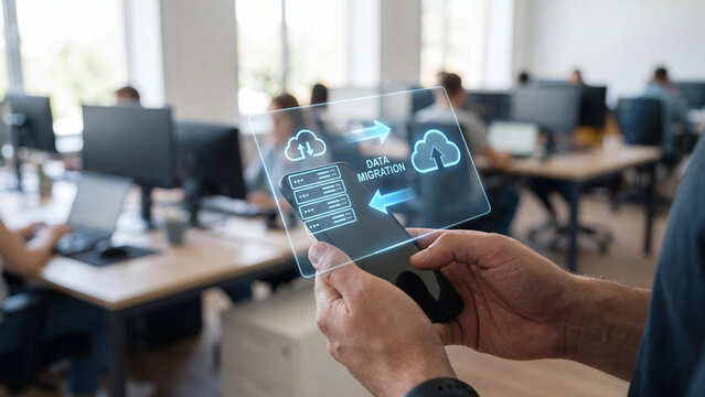 Cloud data migration concept for enterprise IT infrastructure showing server to cloud transfer and bidirectional data movement for digital transformation and storage modernization